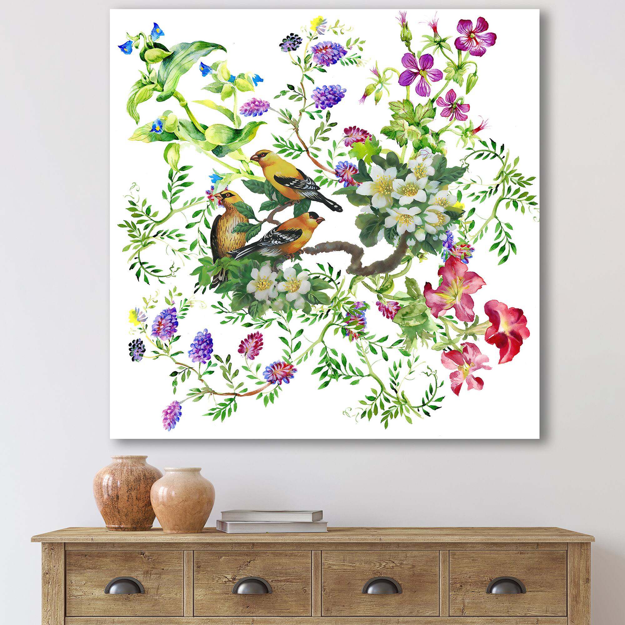 Designart - Tropical Birds With On Blooming Tree